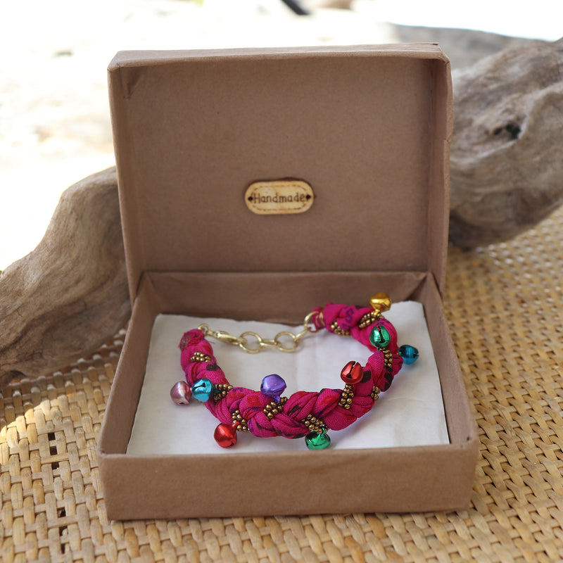 Pink with Multi Coloured Bells - Handmade Vintage Cloth Bracelets