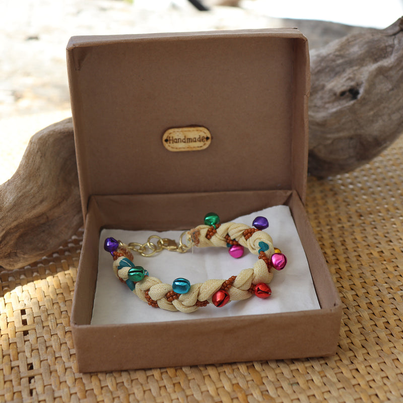 Fawn with Multi Coloured Bells - Handmade Vintage Cloth Bracelets