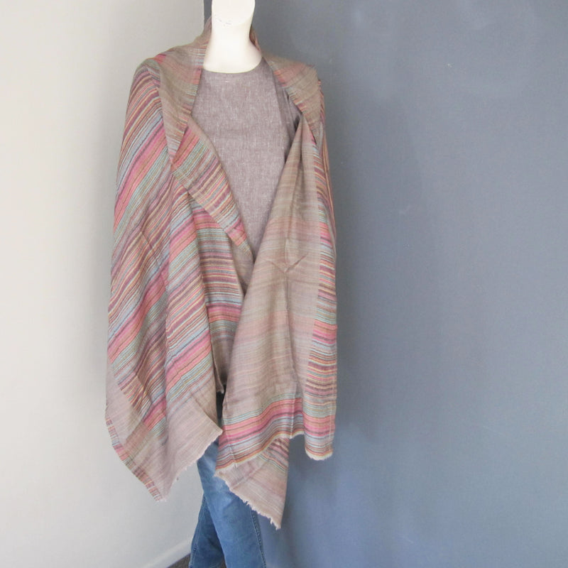Pashmina - Grey with Multicoloured Striped Border Stole