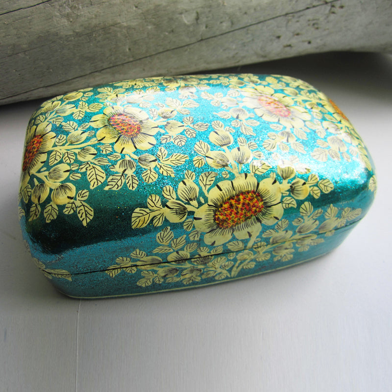 Paper Mache Gift Box - Blue (Yellow flowers)