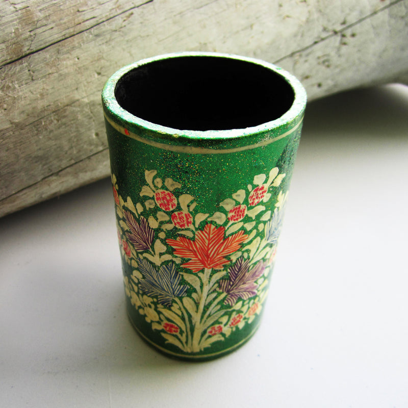 Paper Mache Pen Stand - Green (Yellow flowers)