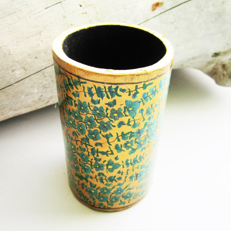 Paper Mache Pen Stand - Gold (Blue flowers)