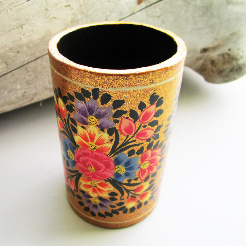 Paper Mache Pen Stand - Gold (Multicoloured flowers)