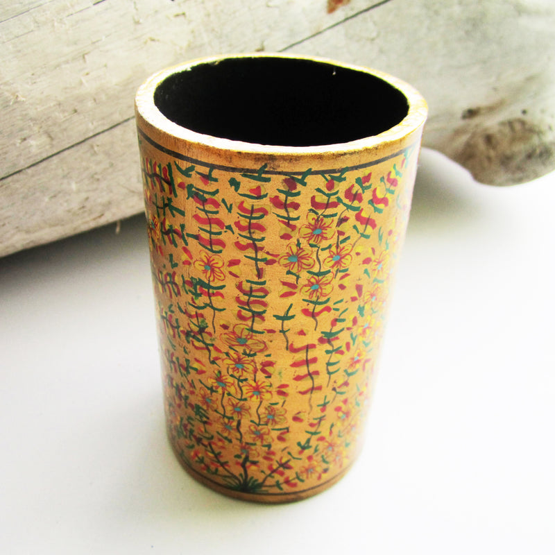 Paper Mache Pen Stand - Gold (Green and Red pattern)