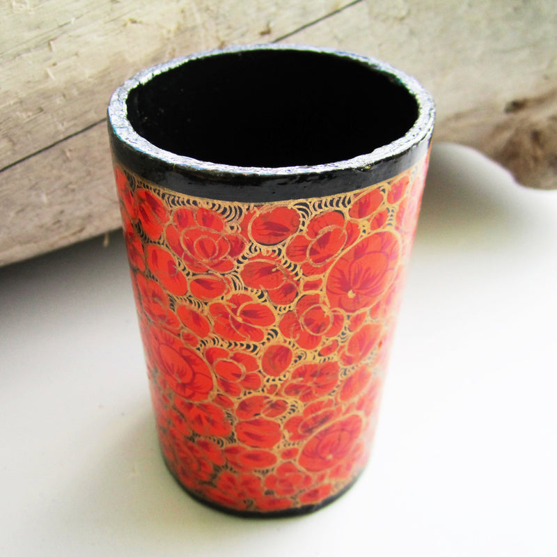 Paper Mache Pen Stand - Black (Gold and Organge flowers)