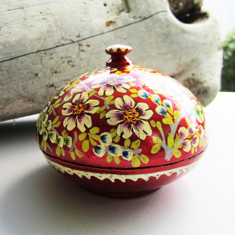 Paper Mache Round Gift Box - Red (Yellow flowers)