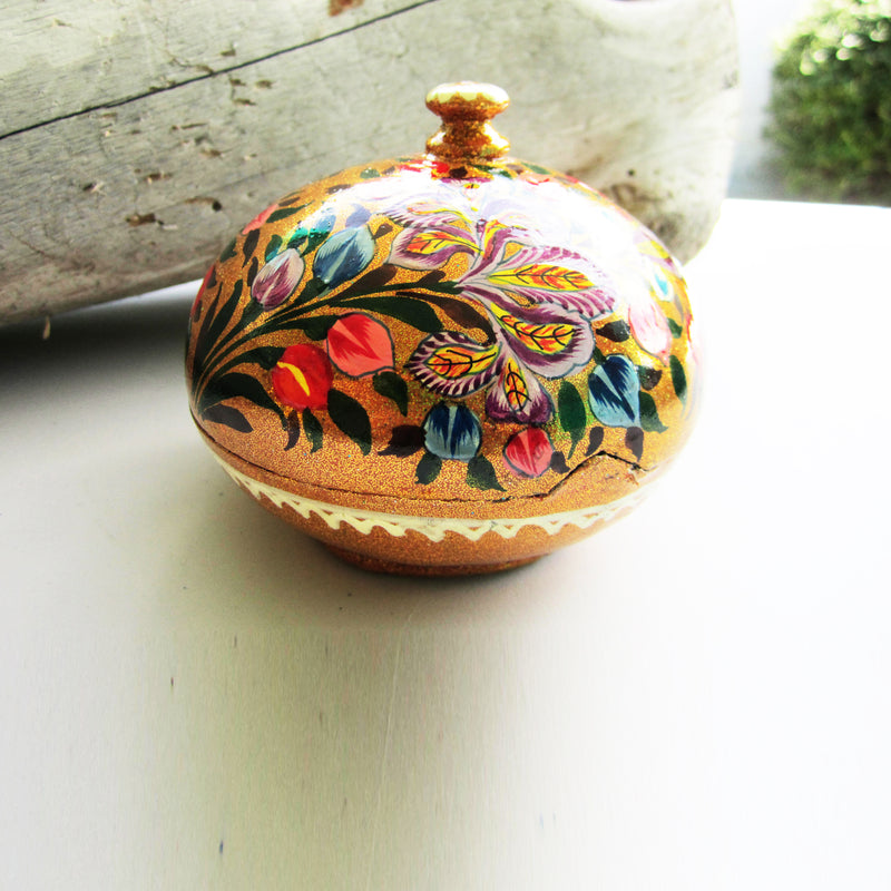 Paper Mache Round Gift Box - Gold (Multicoloured flowers)