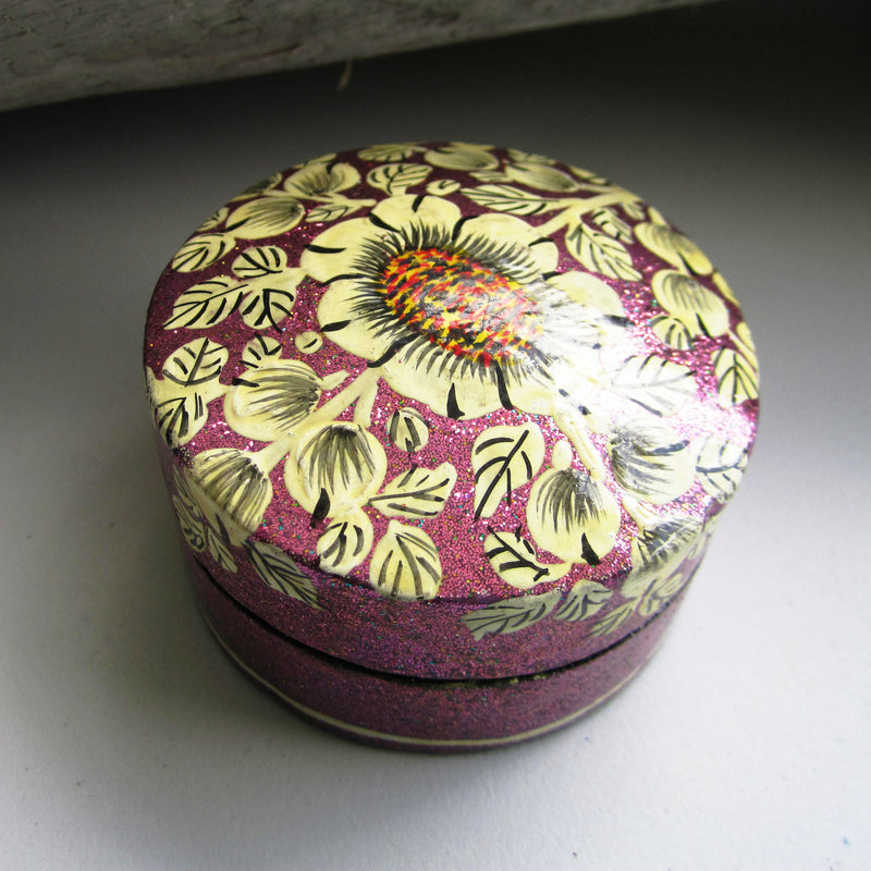 Paper Mache Small and Round Trinket Box - Dark Red (Yellow flowers)
