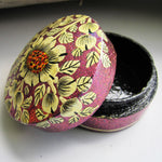 Paper Mache Small and Round Trinket Box - Dark Red (Yellow flowers)