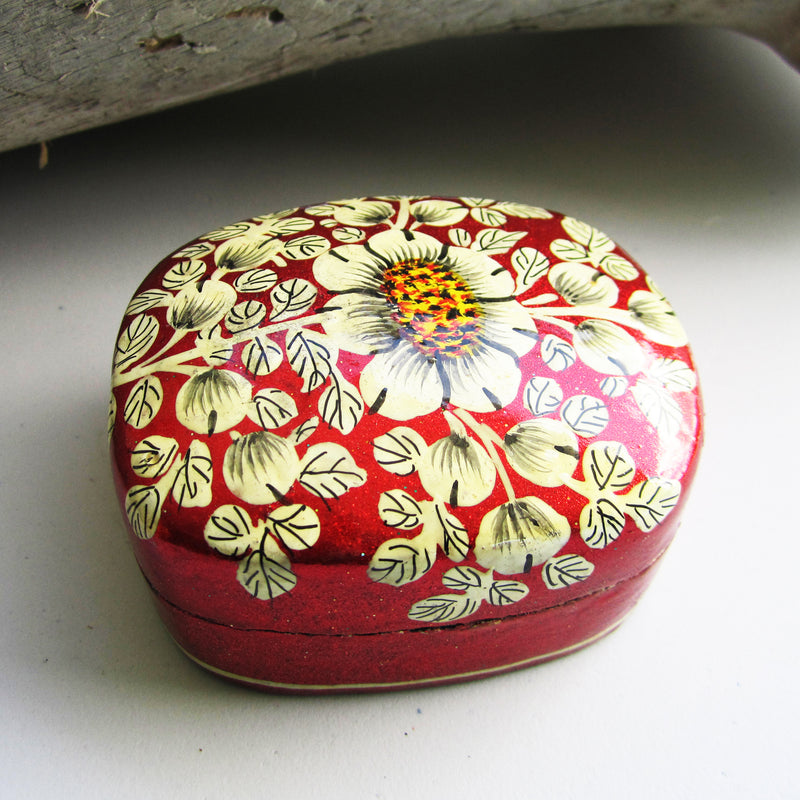 Paper Mache Square Trinket Box - Red (White flowers)