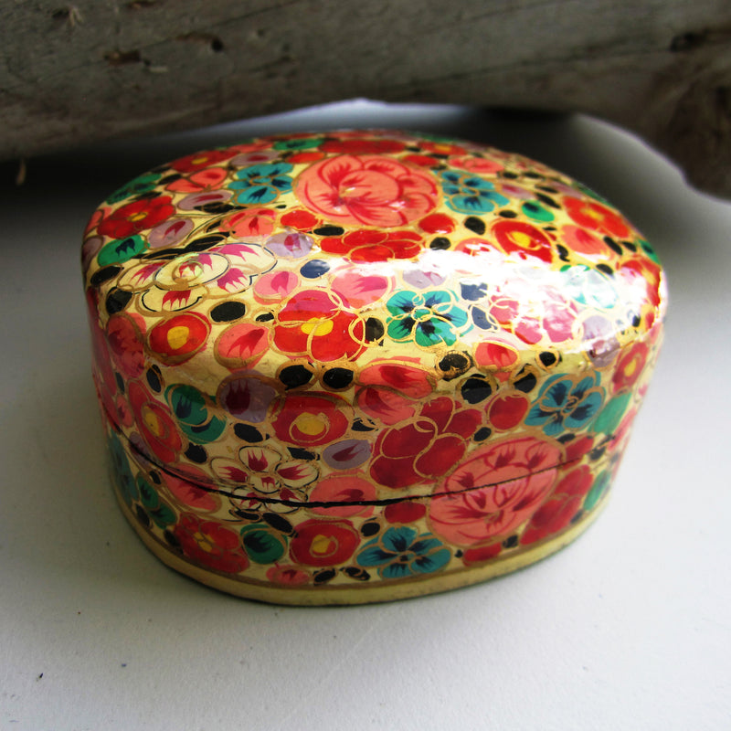 Paper Mache Square Trinket Box - Gold (Orange flowers)