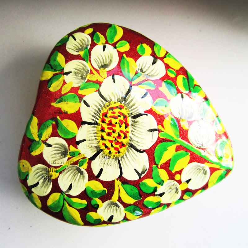 Paper Mache Heart Trinket Box - Red (White, Yellow and Green flowers)