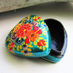 Paper Mache Heart Trinket Box - Blue (Orange and Yellow flowers)
