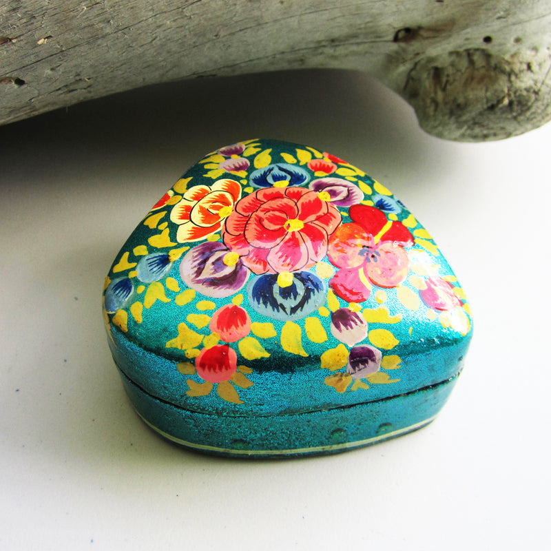 Paper Mache Heart Trinket Box - Blue (Orange and Yellow flowers)