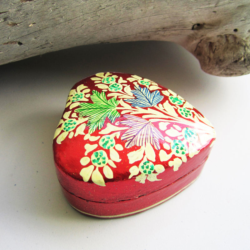 Paper Mache Heart Trinket Box - Red (Yellow and Green flowers)