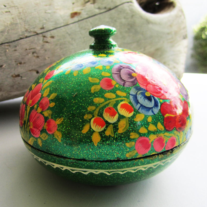 Paper Mache Round Gift Box - Green (Orange, Yellow, Blue and Yellow flowers)