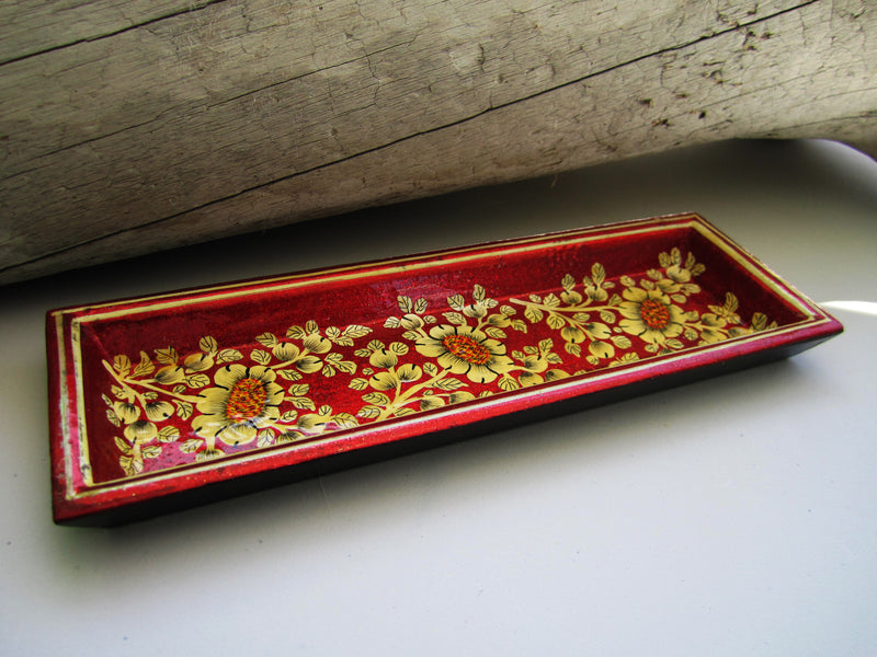 Paper Mache Tray - Red (Yellow and Golden flowers)