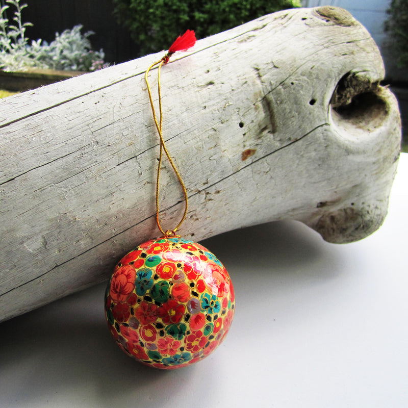 Paper Mache Ball - Yellow (Orange and Green flowers)