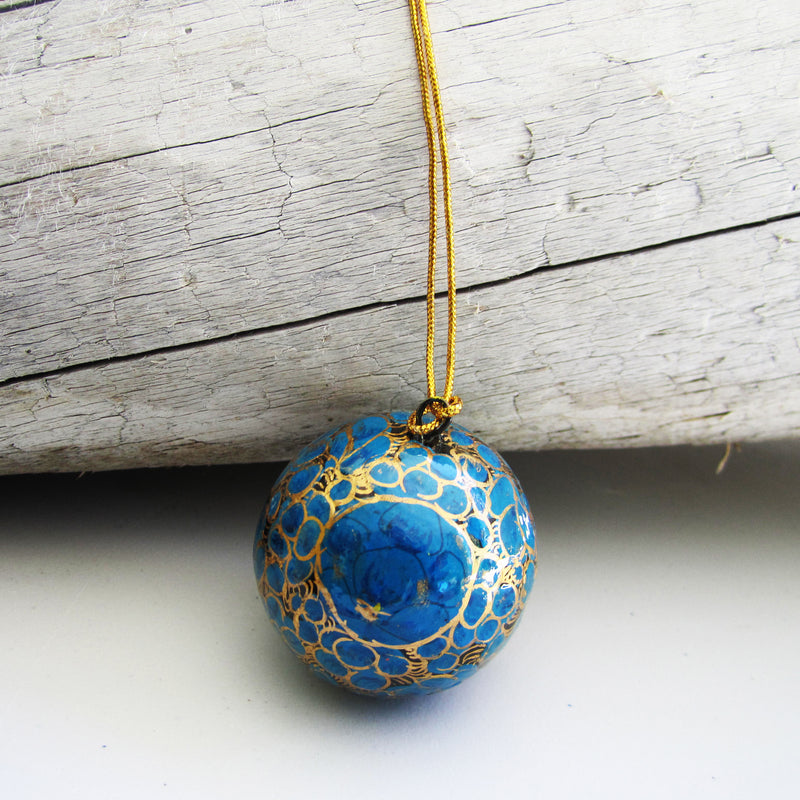 Paper Mache Ball - Blue (Golden flowers)