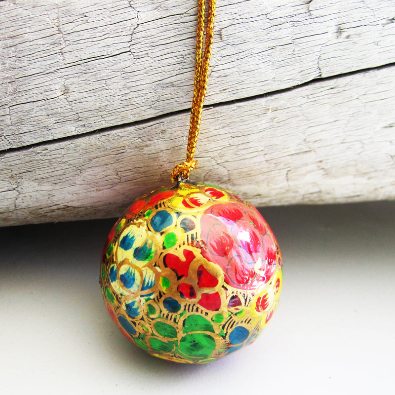 Paper Mache Ball - Gold, Red, Purple, Green and Blue flowers