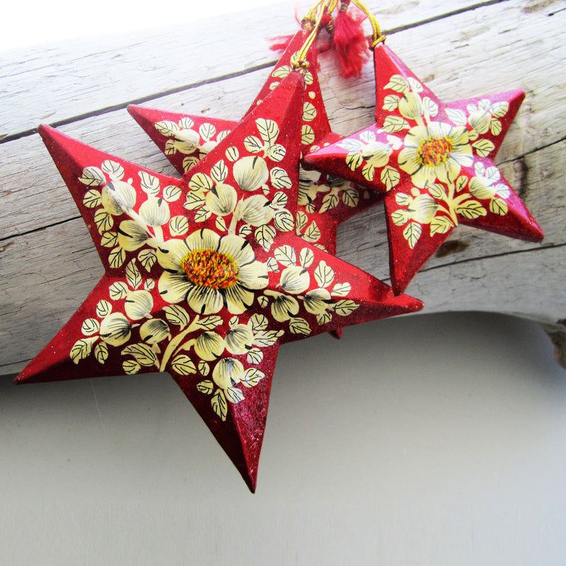 Paper Mache Star - Red (White flowers)