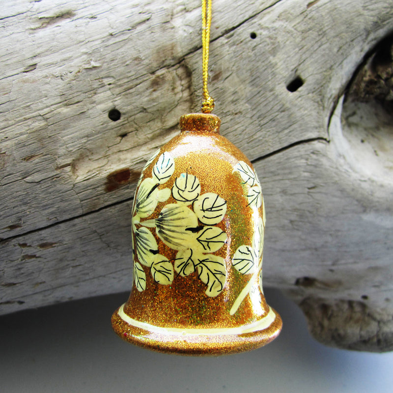Paper Mache Bell - Golden (White flowers)