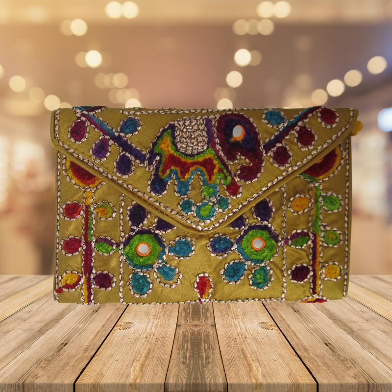 Embroidered Ethnic Boho Shoulder Crossbody Bag - Beige with green flower
