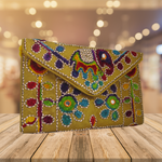 Embroidered Ethnic Boho Shoulder Crossbody Bag - Beige with green flower