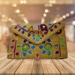 Embroidered Ethnic Boho Shoulder Crossbody Bag - Beige with green flower